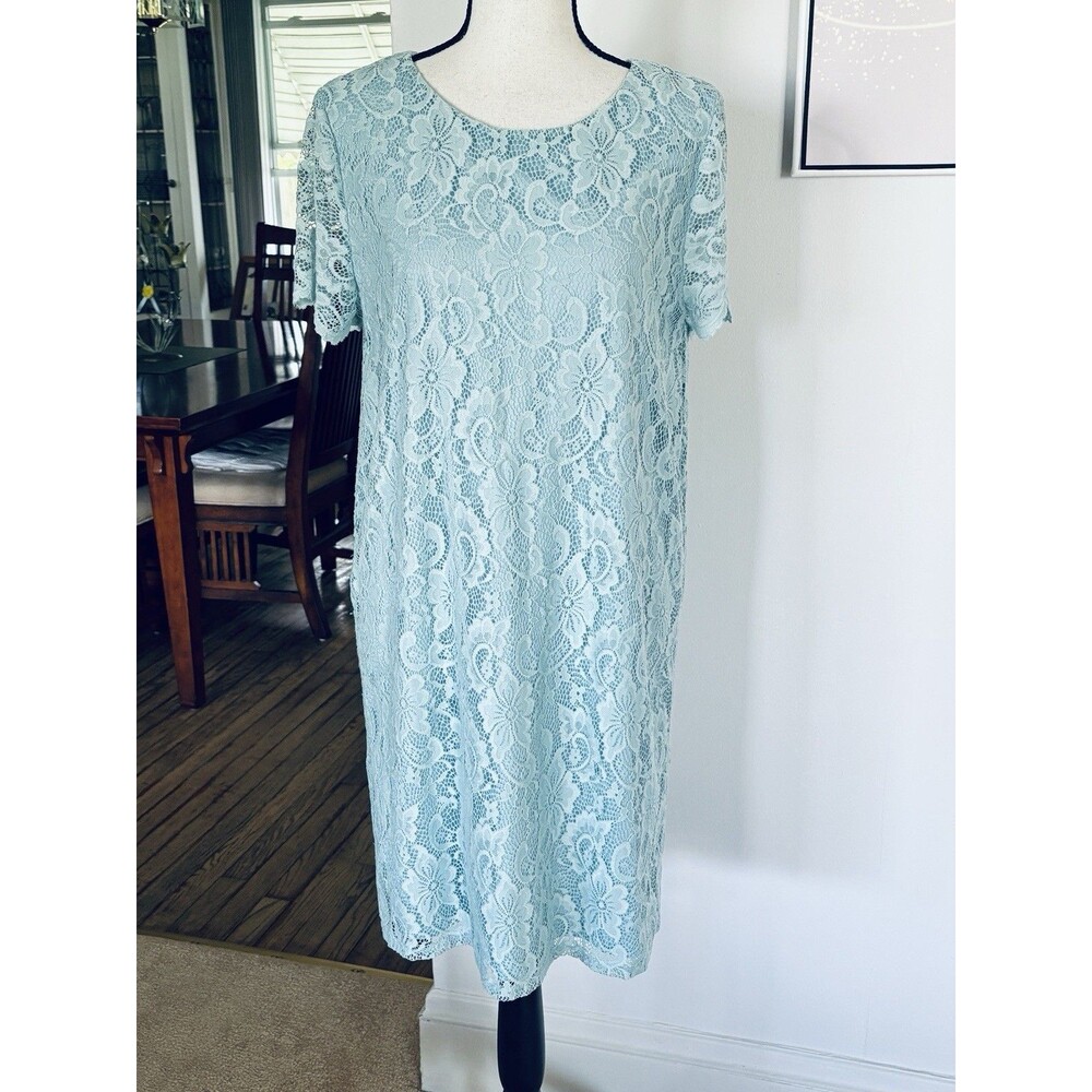 Juicy Couture Light Blue Lace Overlay Shift Dress Sz Large Short Sleeve